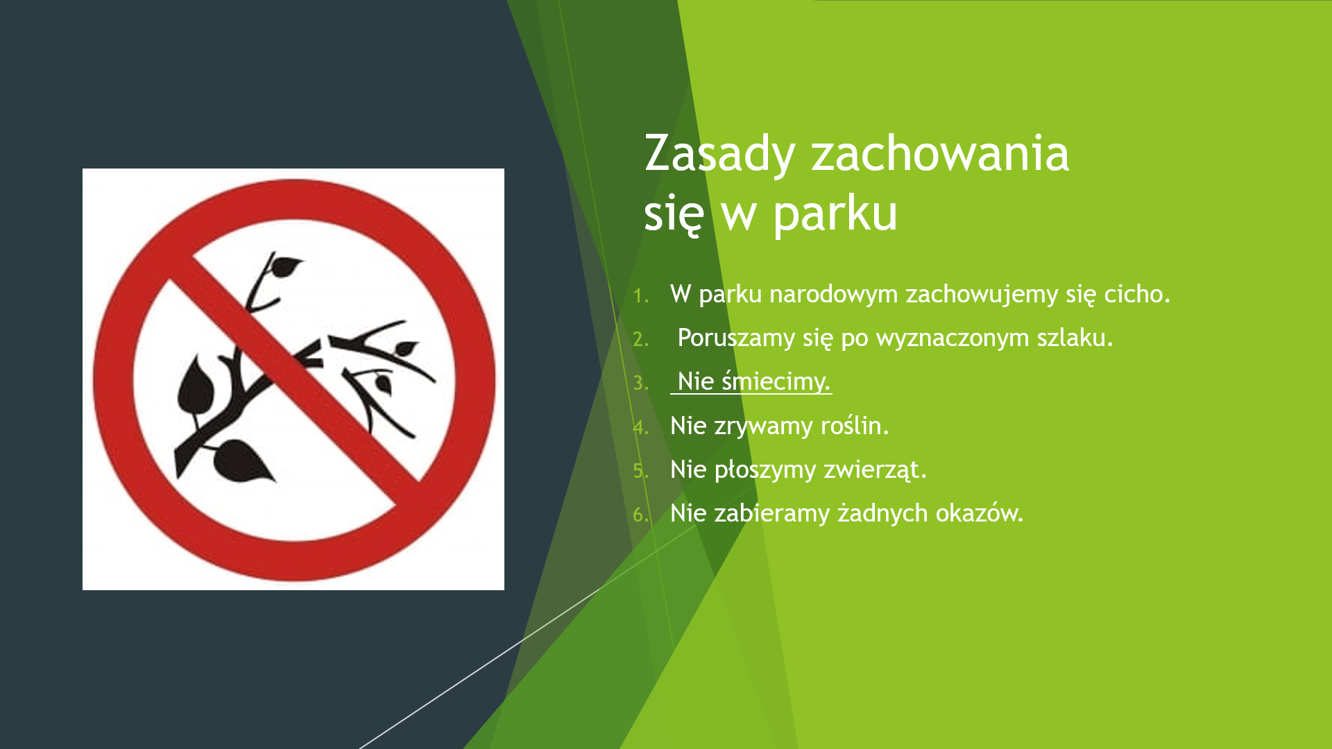 Na zdjęciu widnieje znak przedstawiający zakaz łamania gałęzi. Obok zdjęcia umieszczone zasady zachowania się w parku.